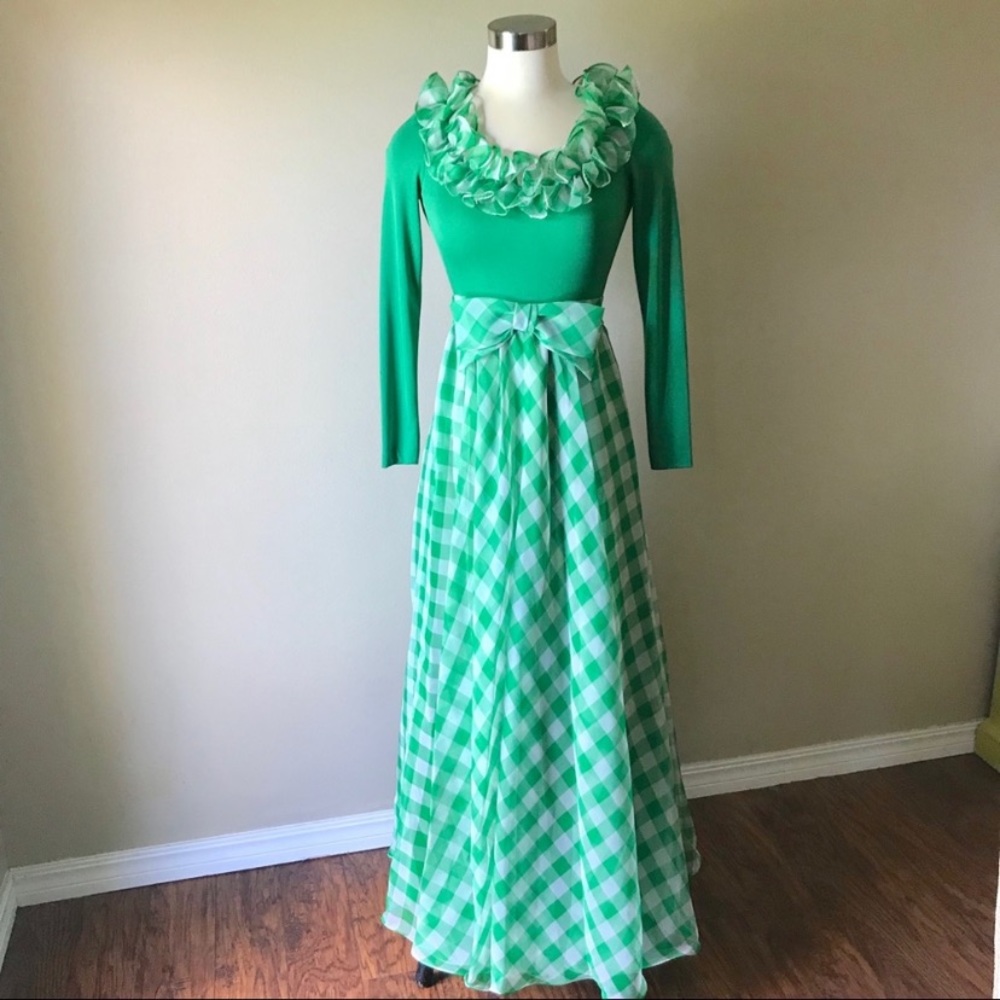 Vintage Green Ruffle Gingham Plaid Maxi Long Dress